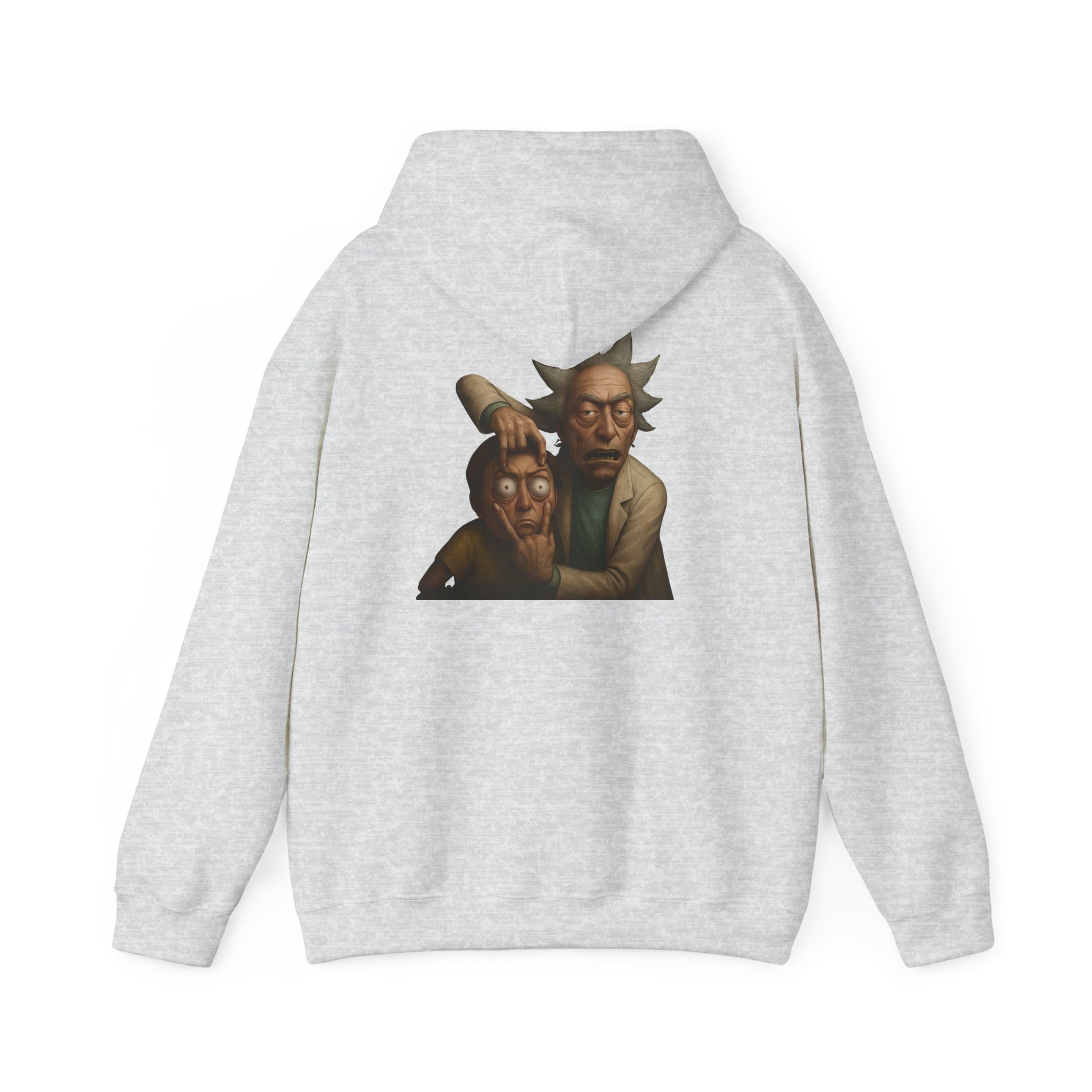 Gray hoodie with Rick revealing Morty’s face in cartoon-style back artwork