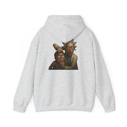 Gray hoodie with Rick revealing Morty’s face in cartoon-style back artwork