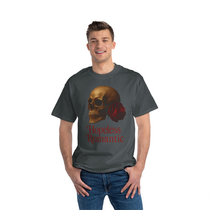 Man wearing a charcoal t-shirt with a skull and roses design and 'Hopeless Romantic' text.