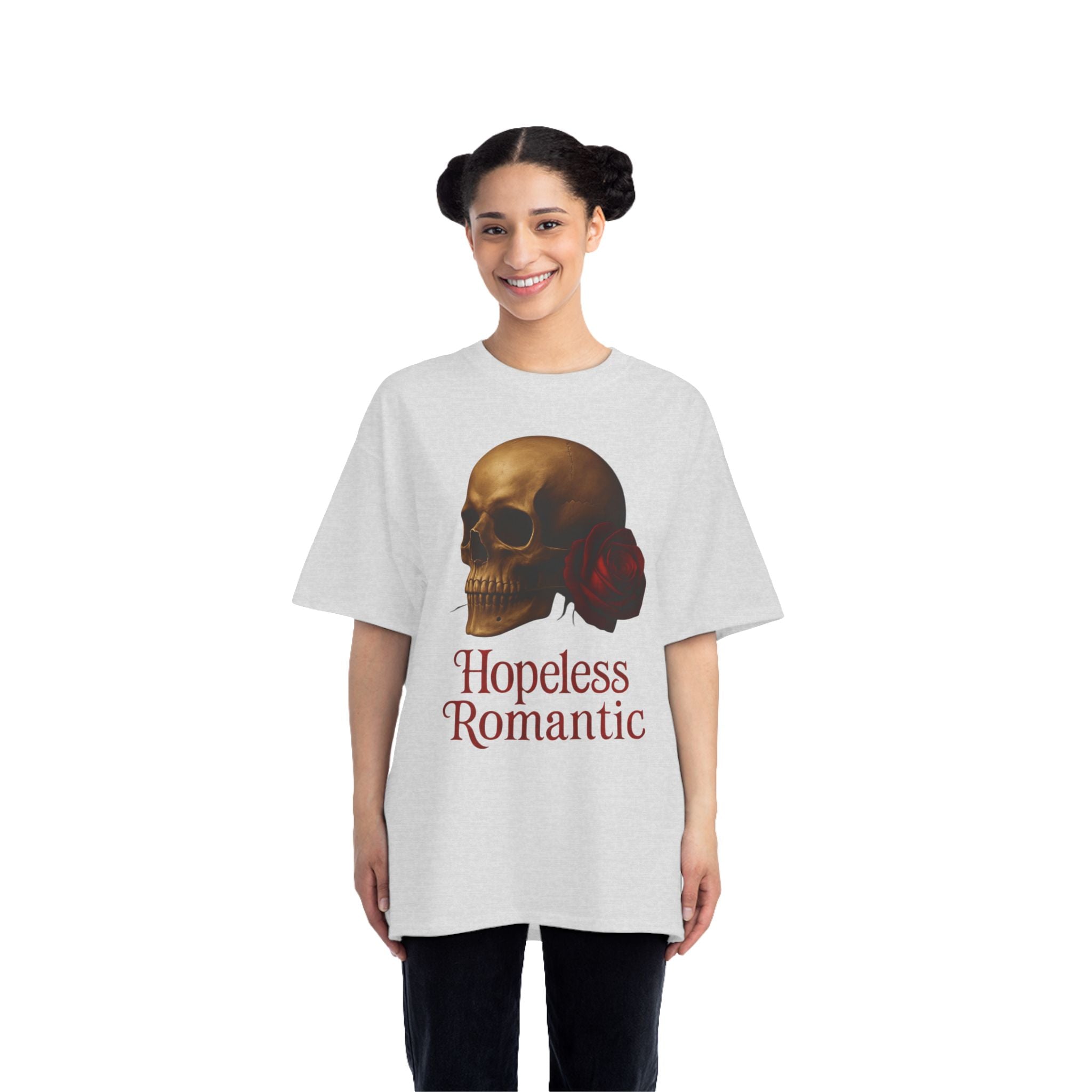 Person wearing a gray t-shirt with a skull graphic and 'Hopeless Romantic' text on a white background