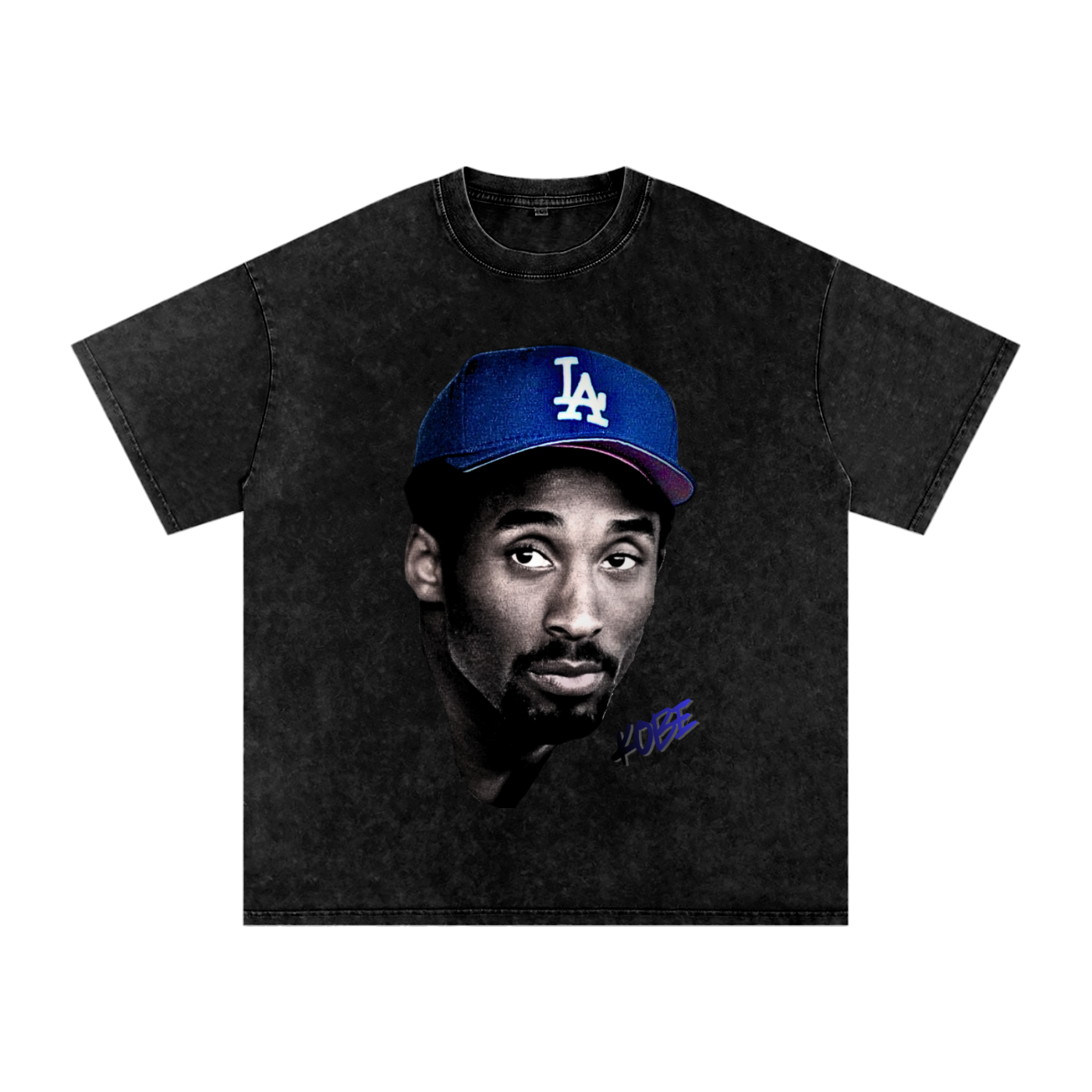 Black t-shirt with a graphic of a Kobe Bryant wearing a blue LA Dodgers cap on a white background