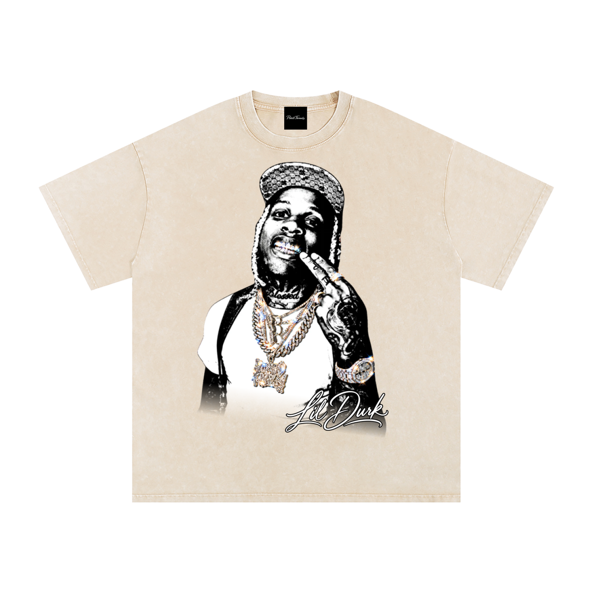 Union beige snow-washed Lil Durk graphic tee featuring a black-and-white portrait with diamond grill, layered chains, watch, tattoos and Lil Durk signature.