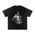 Black snow-washed oversized T-shirt featuring Michael Jackson in sunglasses, a rhinestone-covered performance jacket and his signature sparkling glove.