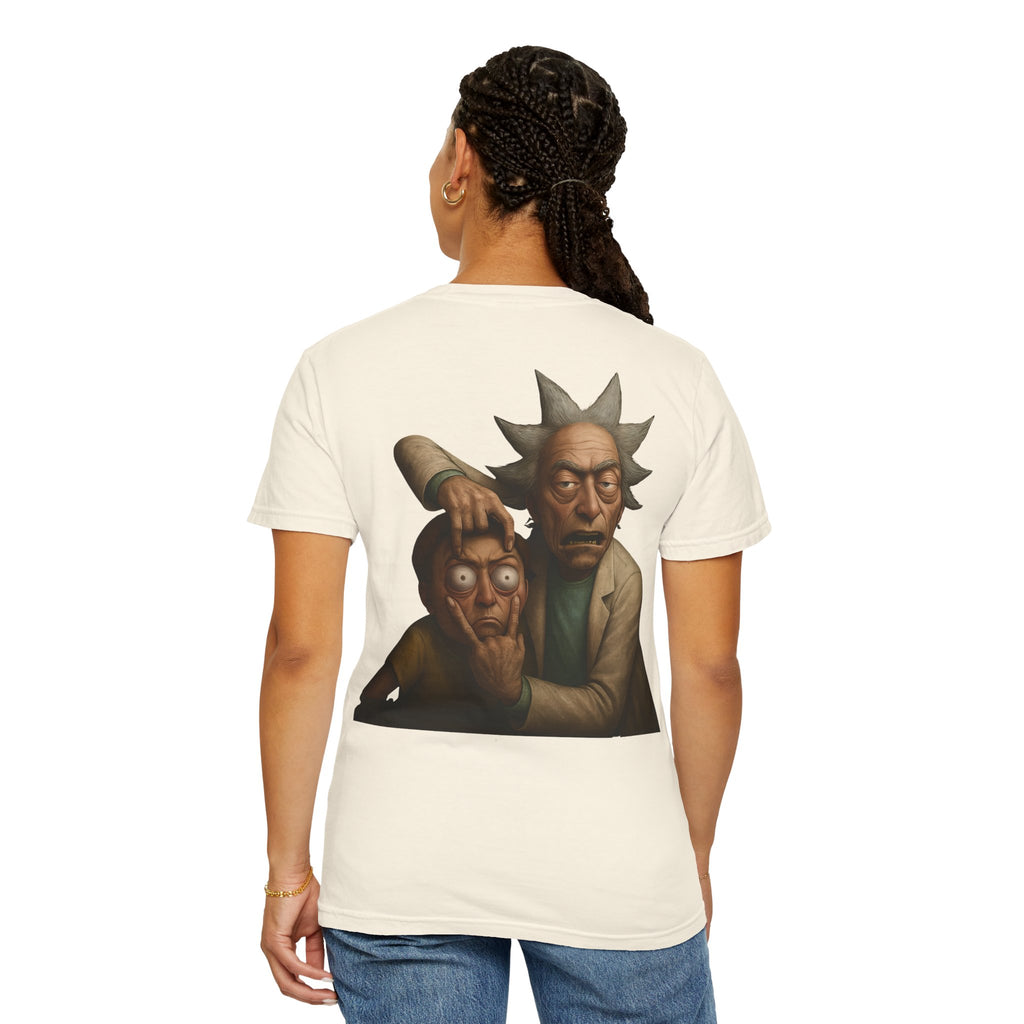 Back of a cream T-shirt showing Rick opening Morty's eyes wide in a surreal cartoon illustration.