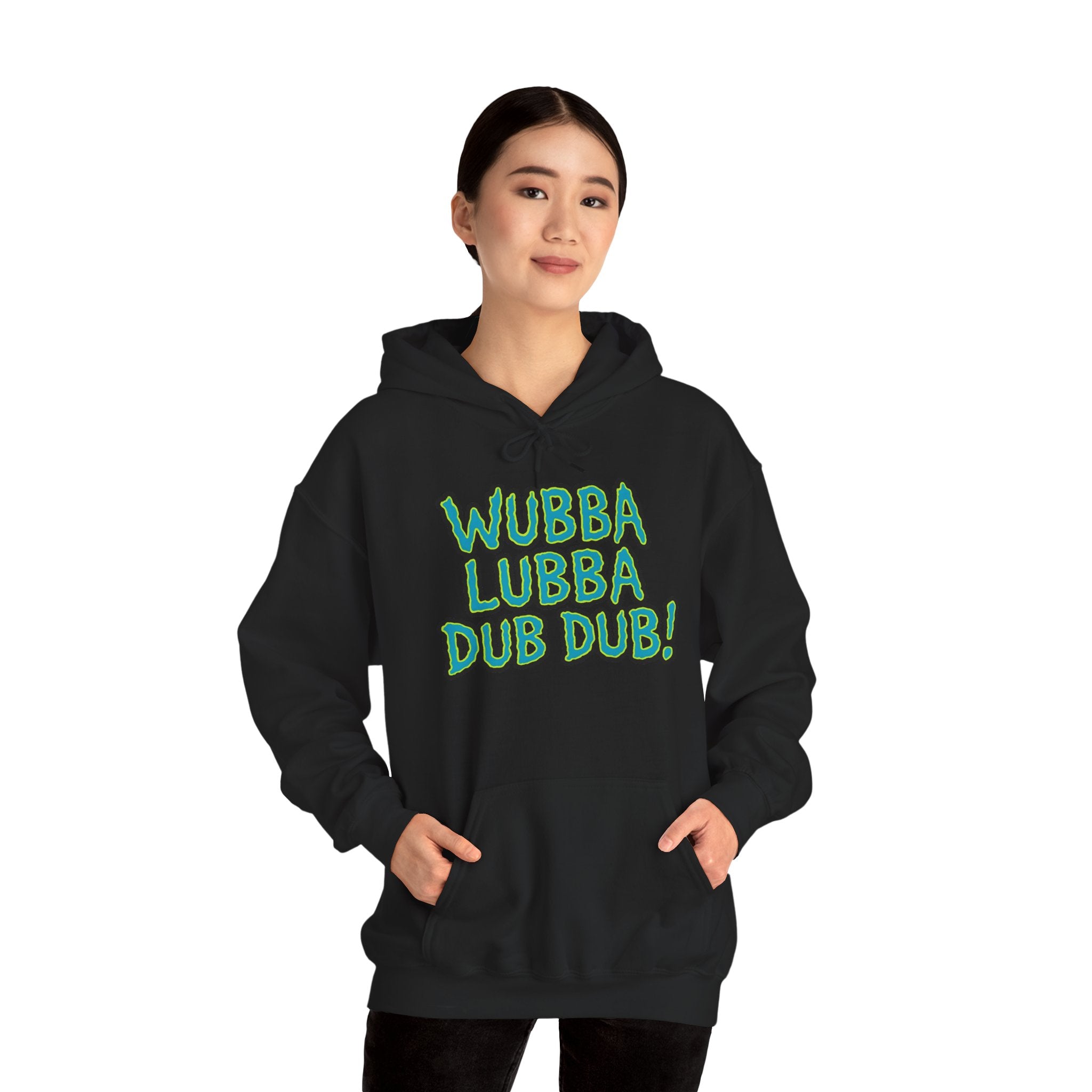woman wearing a black hoodie with 'Wubba Lubba Dub Dub!' text on a white background