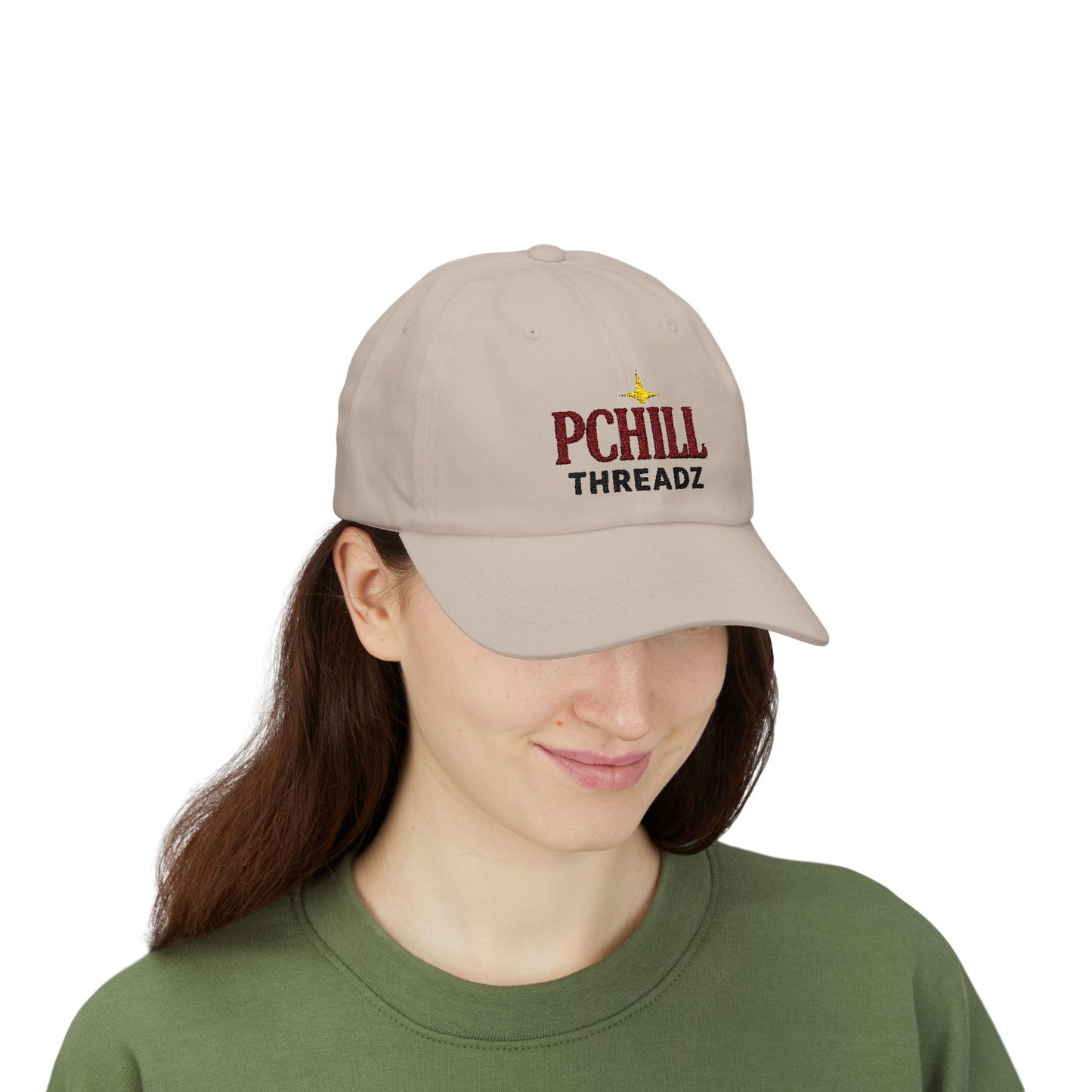 Person wearing a sand-tone cap with 'PChill Threadz' logo on a white background