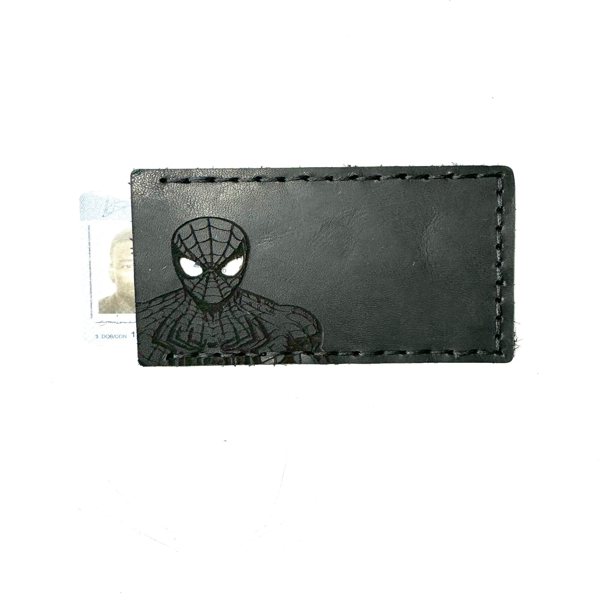 Black leather cardholder with Spider-Man design on a white background