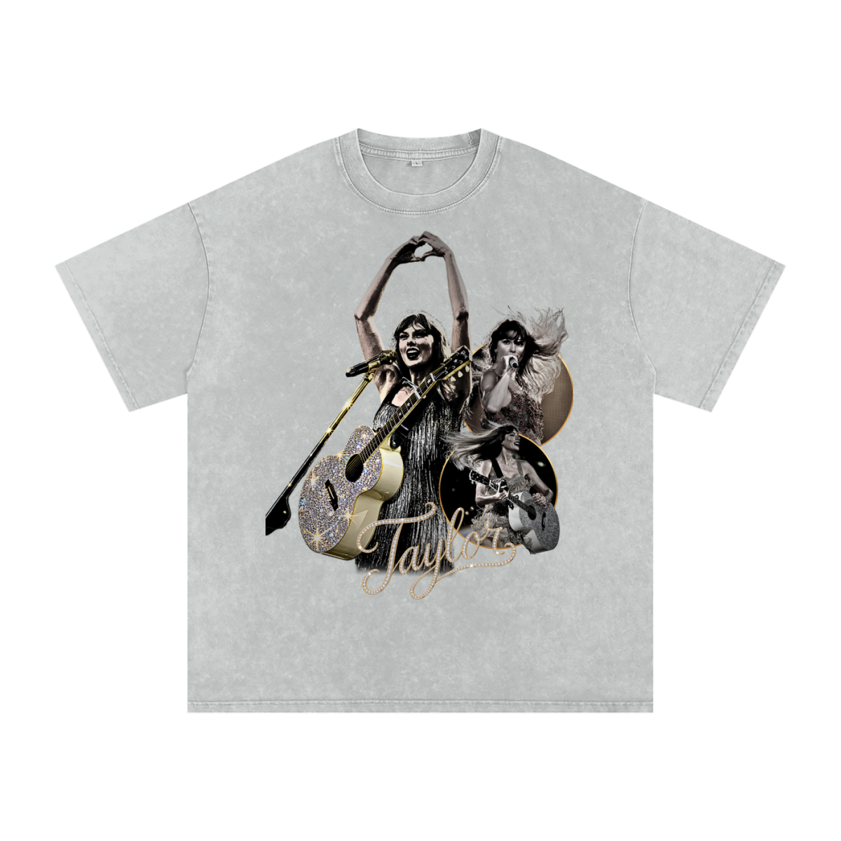 Grey snow-washed oversized T-shirt featuring Taylor Swift performing with microphones and guitars, accented with gold outlines and Taylor script lettering.