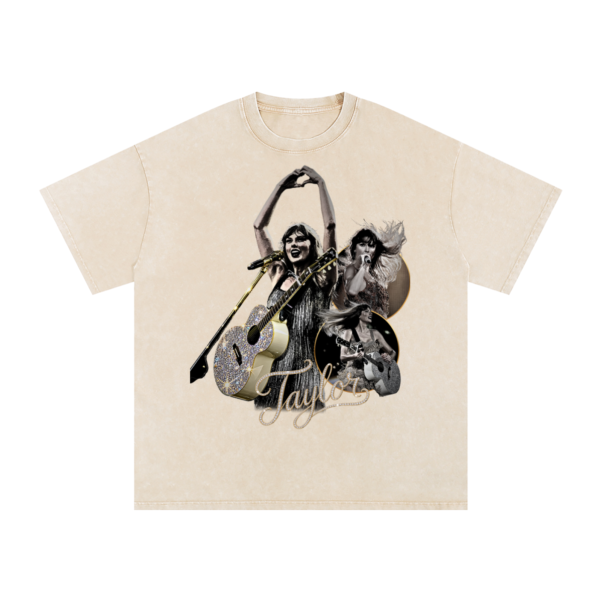 Union beige snow-washed oversized T-shirt with a Taylor Swift concert collage featuring singing poses, guitars, gold details and Taylor signature lettering.