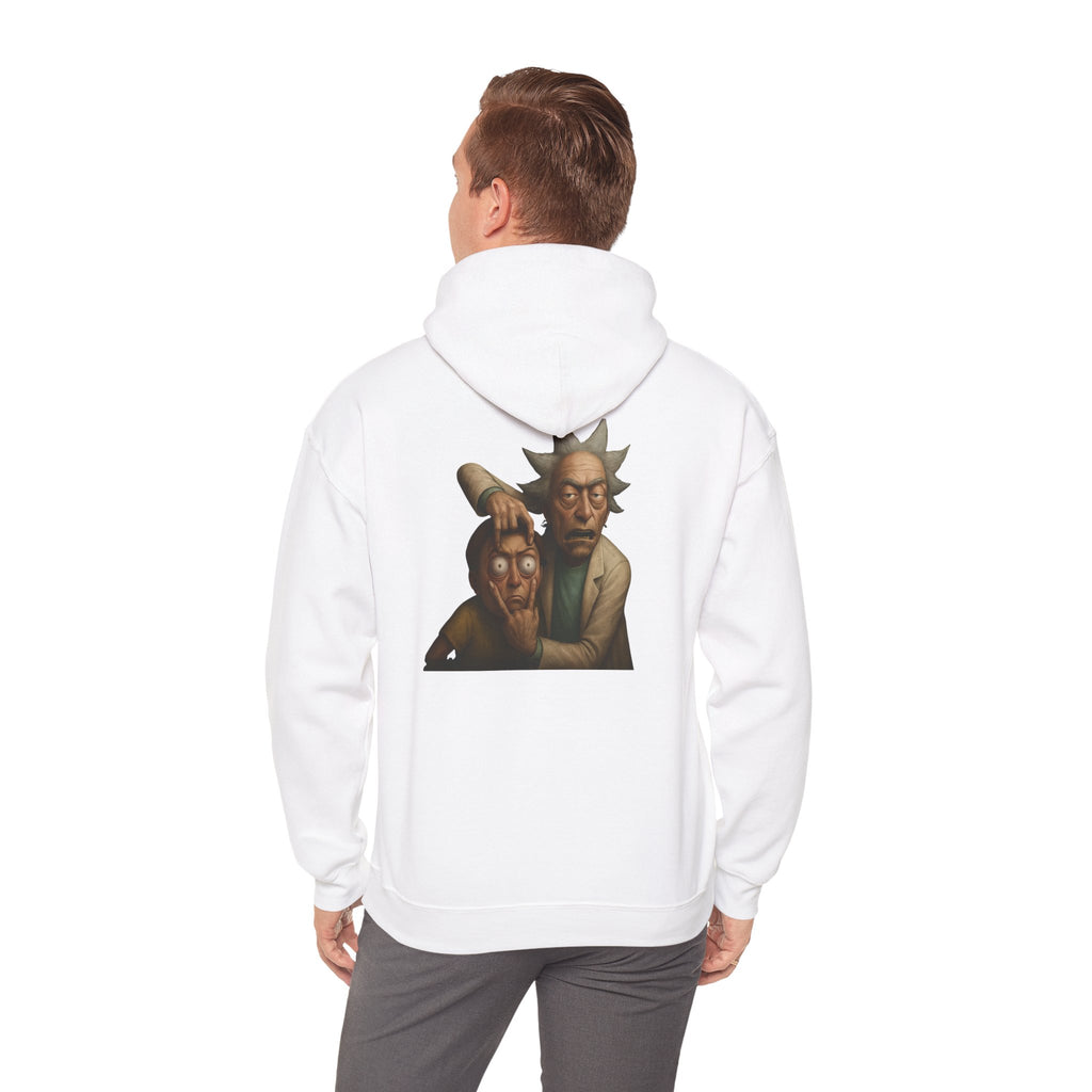 White hoodie with Rick exposing Morty’s face in creepy cartoon back print