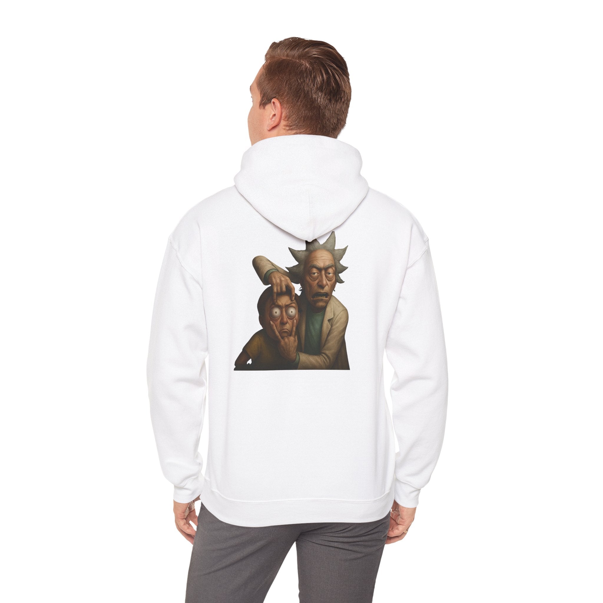 White hoodie with Rick exposing Morty’s face in creepy cartoon back print