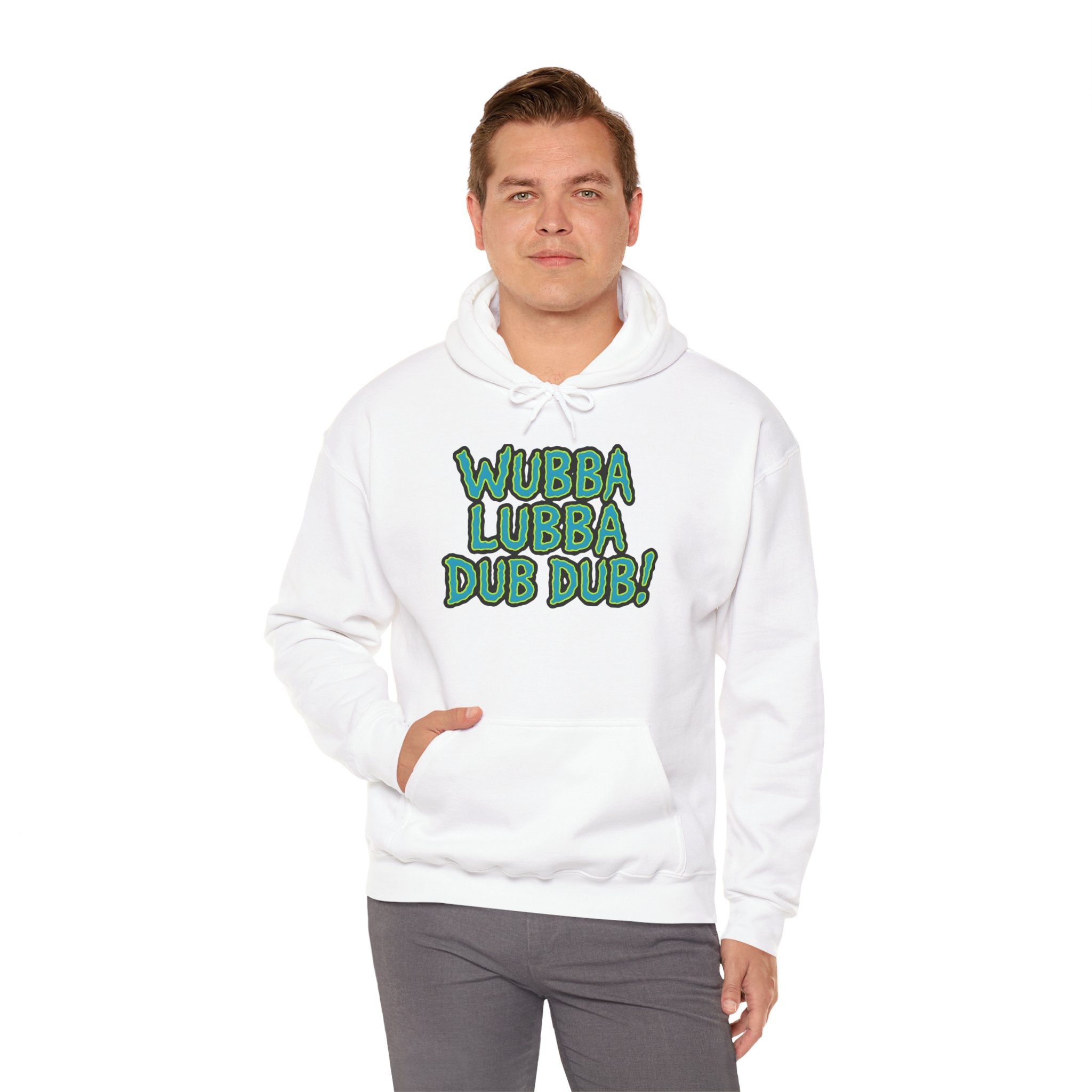 Person wearing a white hoodie with 'Wubba Lubba Dub Dub!' text on a white background