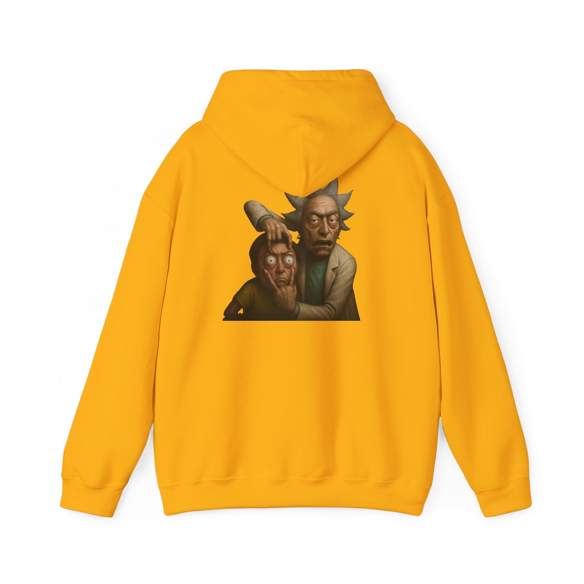 Yellow hoodie with a graphic design on the back against a white background