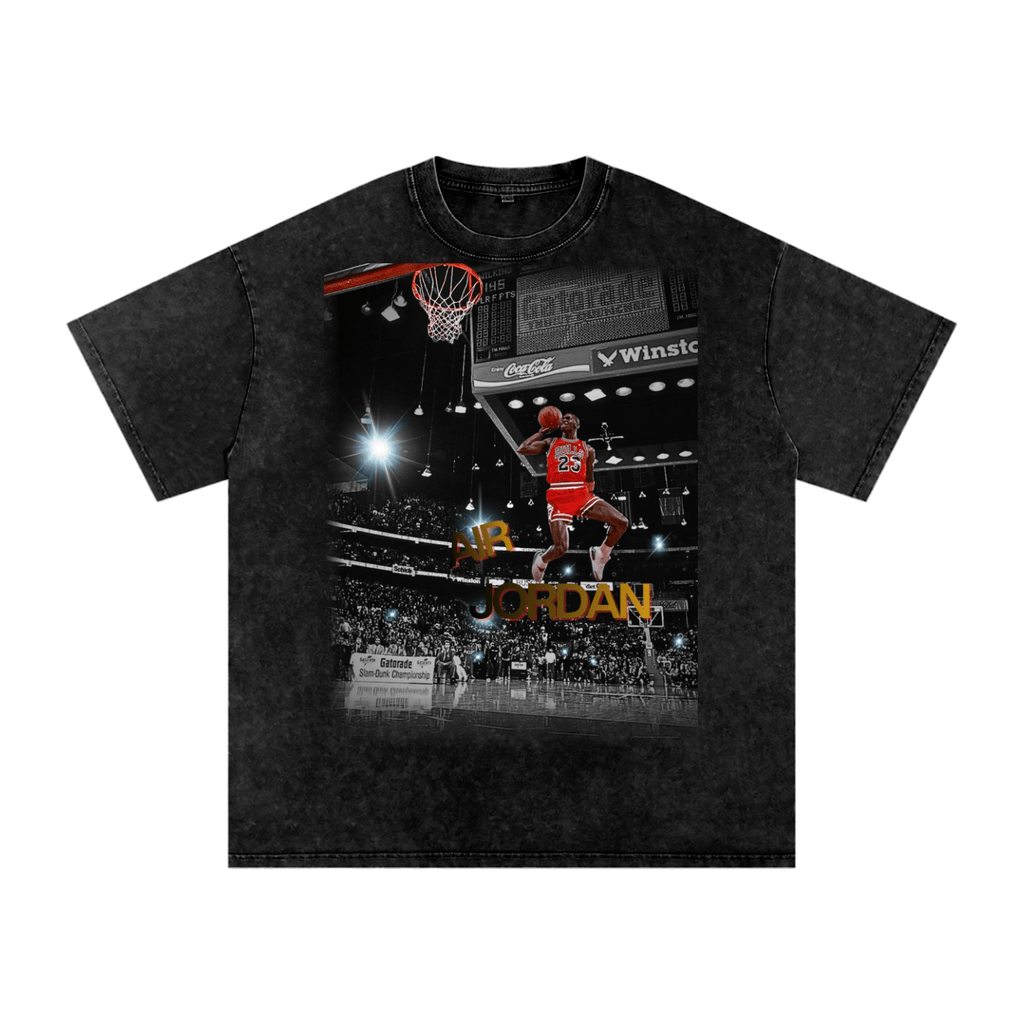 Black t-shirt with a graphic of a basketball player dunking a basketball