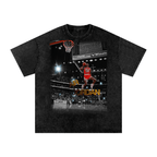 Black t-shirt with a graphic of a young michael jordan dunking a basketball