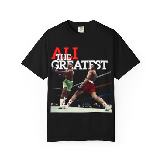 Black t-shirt with boxing legend Muhammad Ali graphic and 'Ali, The Greatest' lettering
