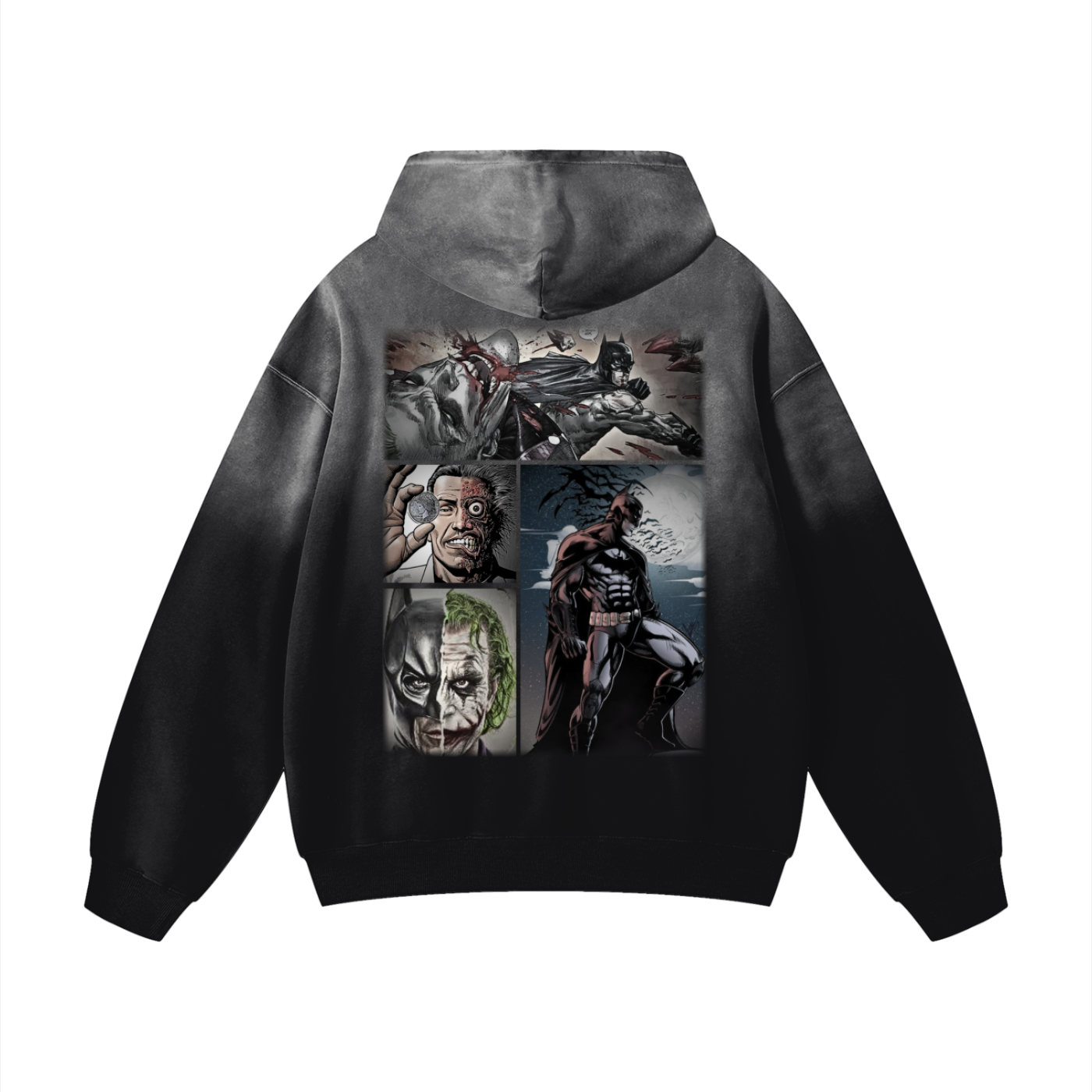Black hoodie with graphic designs of batman on the back against a white background