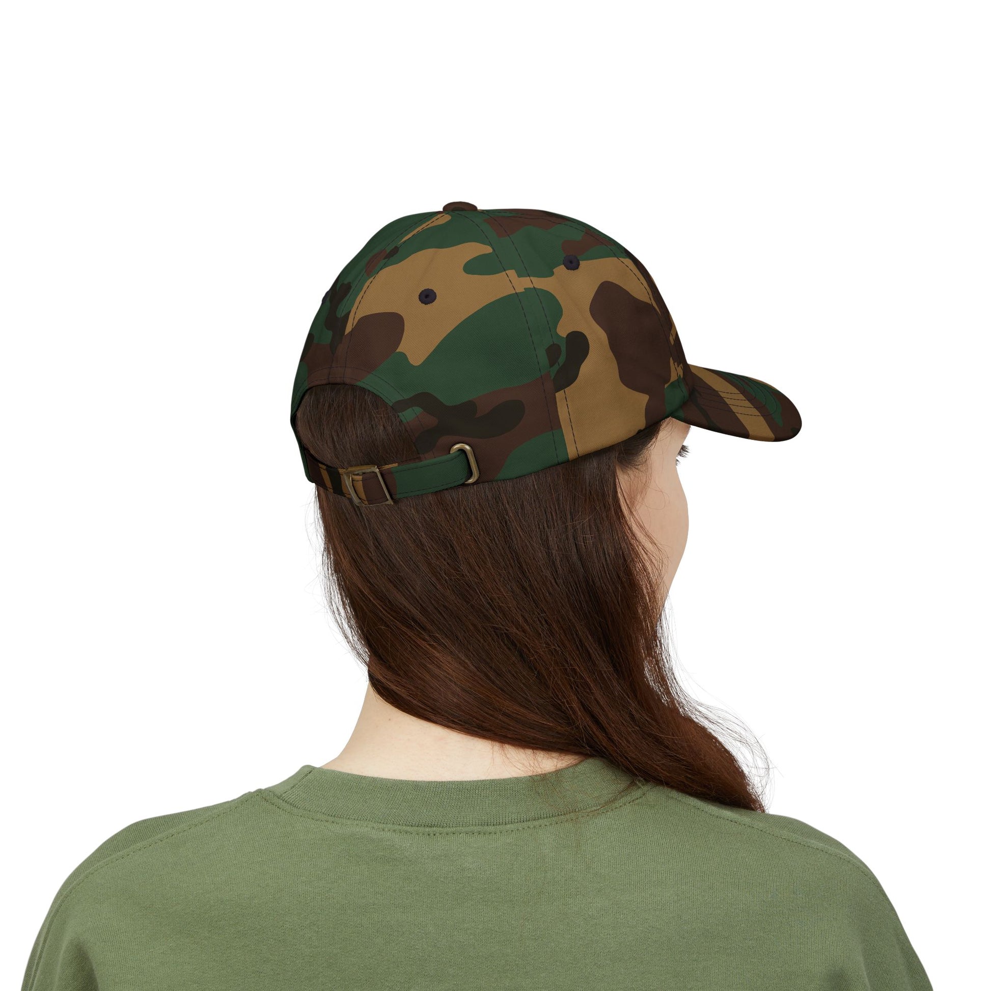 back of Person wearing a camouflage cap and green shirt on a white background