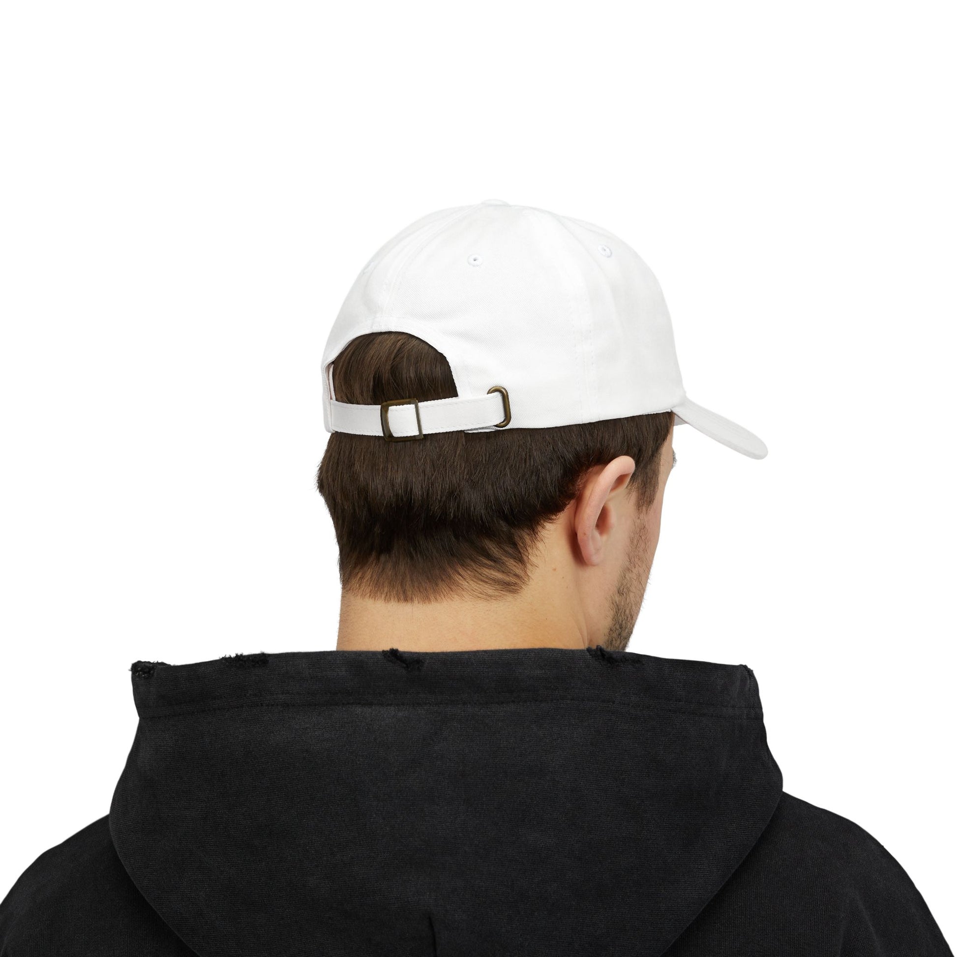 back of man wearing white dad hat in a white background