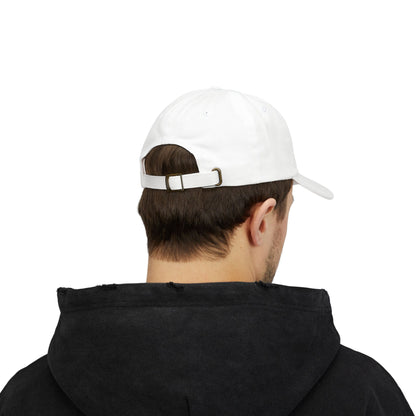 back of man wearing white dad hat in a white background