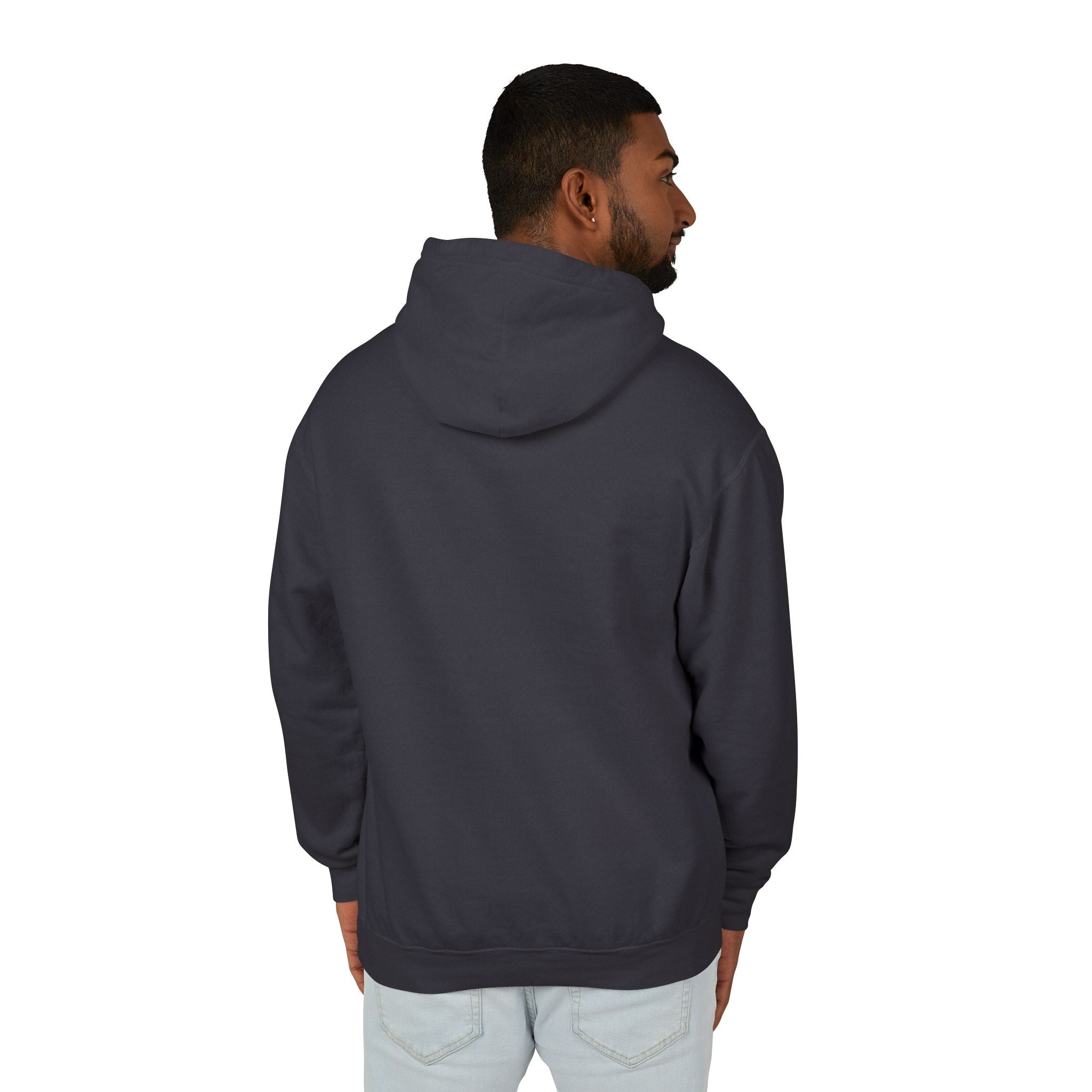 back of Man wearing a dark gray hoodie on a white background