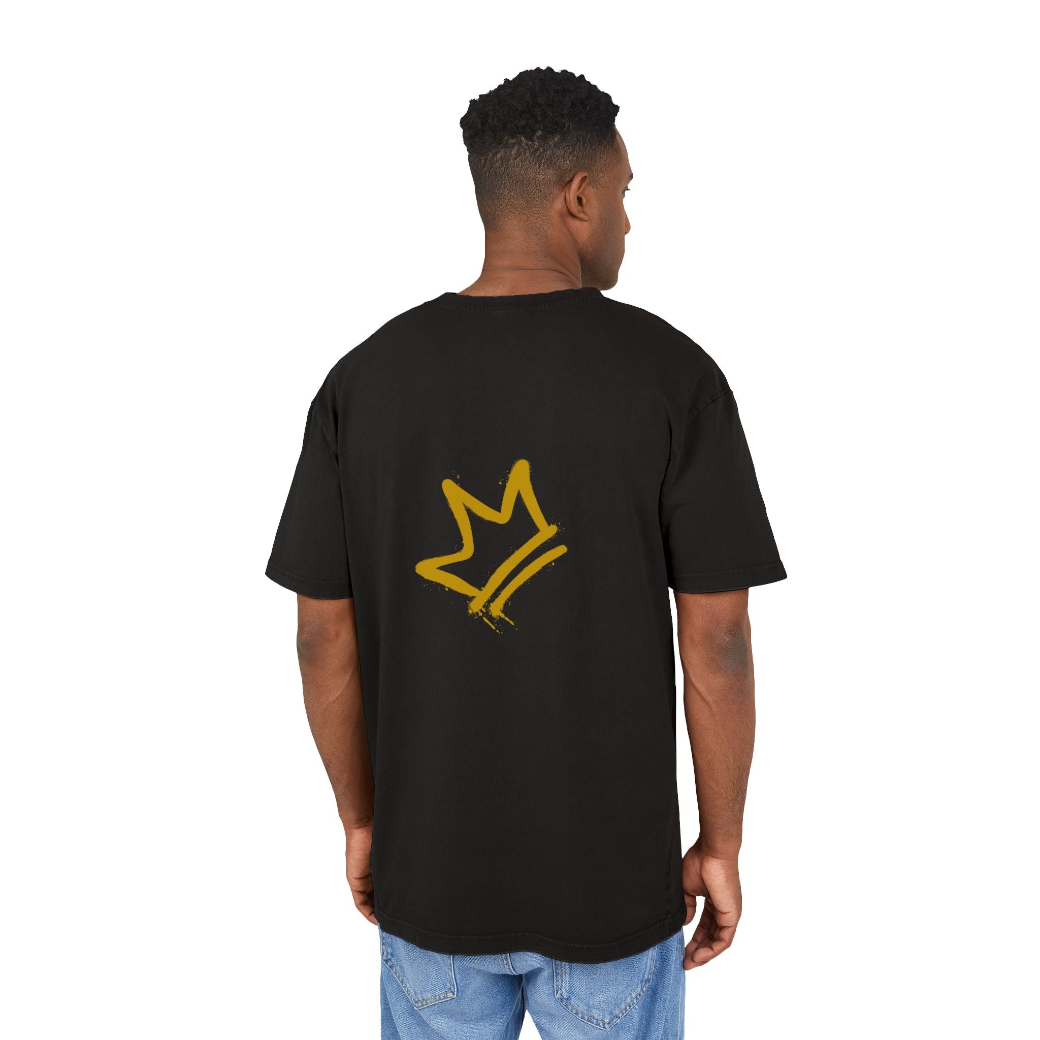 back of man wearing a black oversized graphic tee with a yellow crown logo on the back