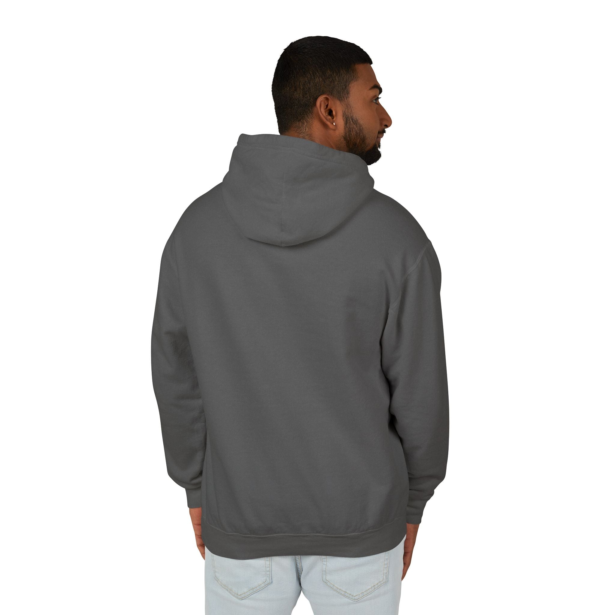 back Man wearing a pepper hoodie on a white background