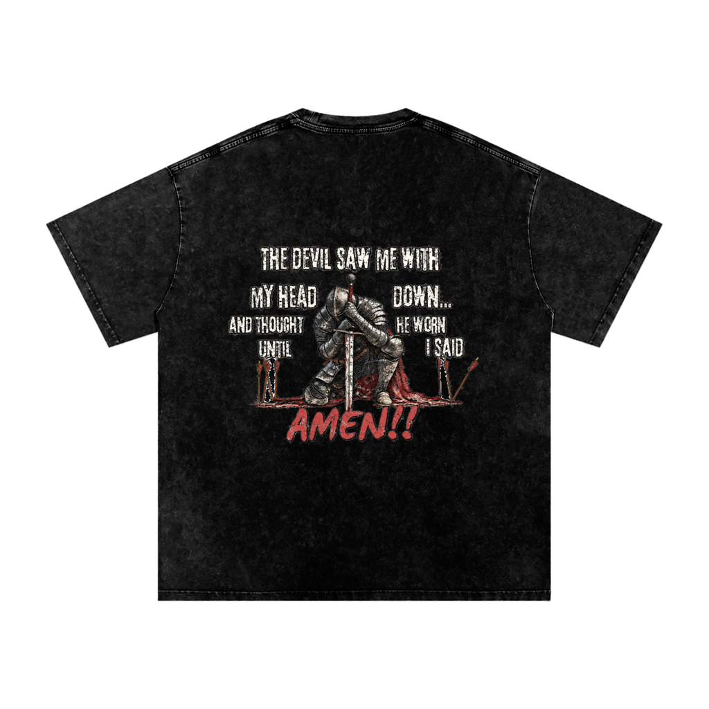 Prayer Works Christian graphic tee back with kneeling knight, sword, faith quote and red Amen graphic on black snow washed T-shirt