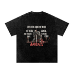 Prayer Works Christian graphic tee back with kneeling knight, sword, faith quote and red Amen graphic on black snow washed T-shirt