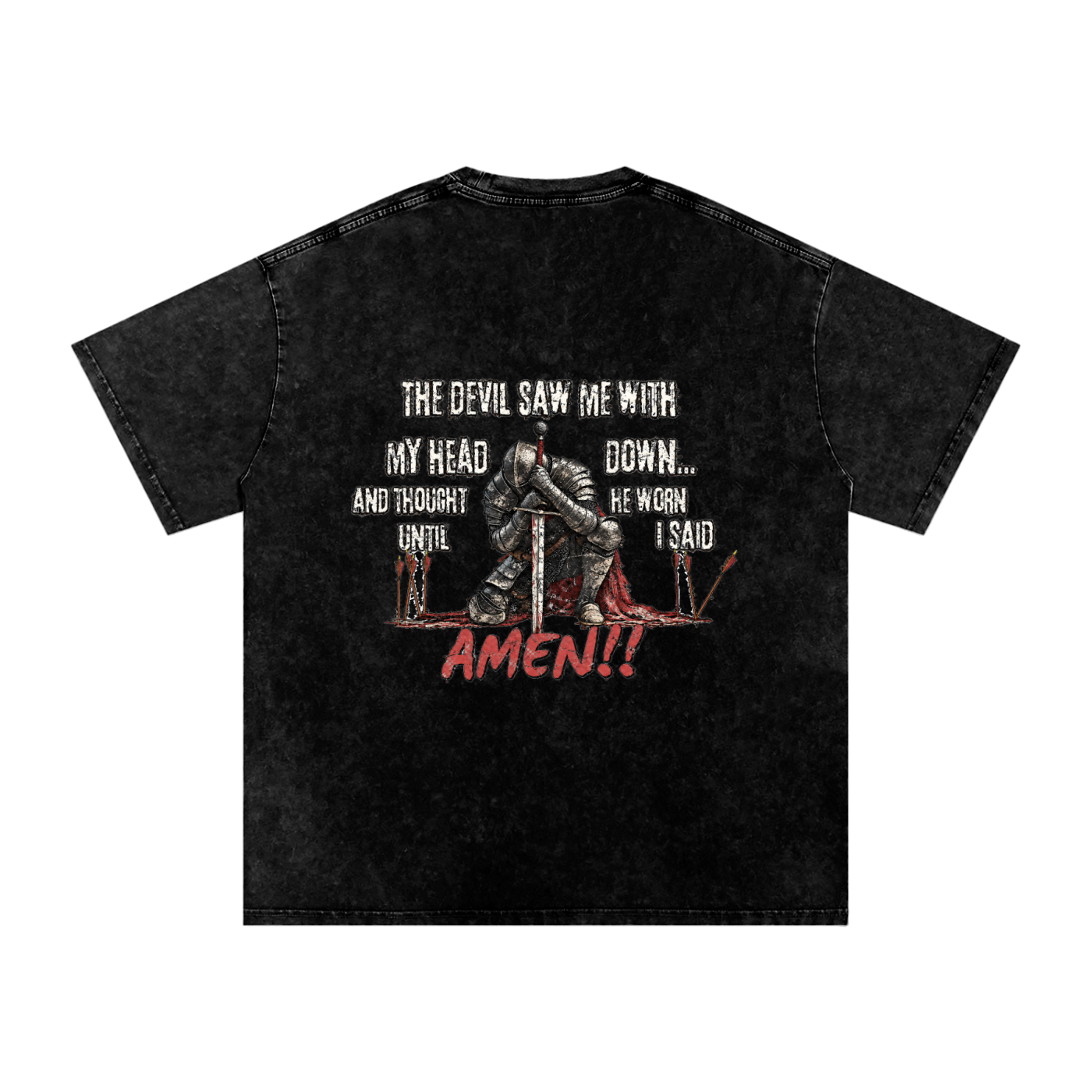 Prayer Works Christian graphic tee back with kneeling knight, sword, faith quote and red Amen graphic on black snow washed T-shirt