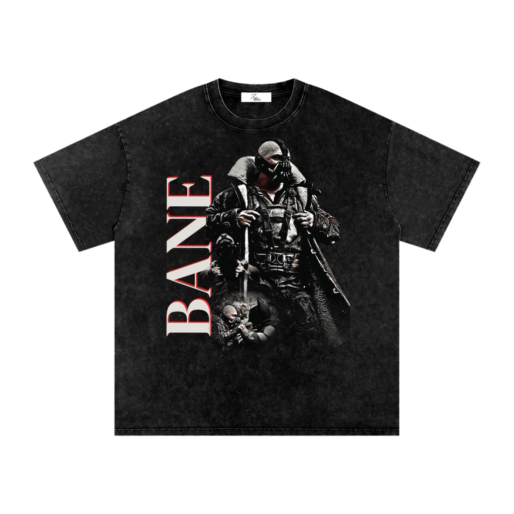 Washed-black oversized Bane T-shirt featuring the masked Dark Knight villain in black armor beside large vertical BANE lettering.