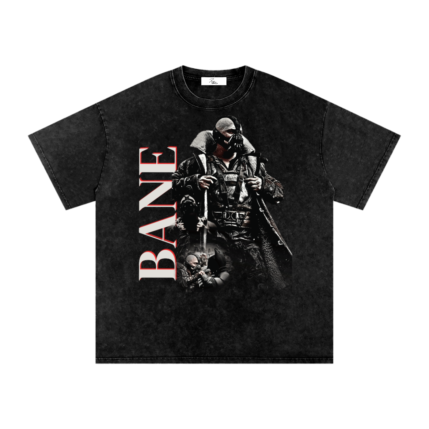 Washed-black oversized Bane T-shirt featuring the masked Dark Knight villain in black armor beside large vertical BANE lettering.