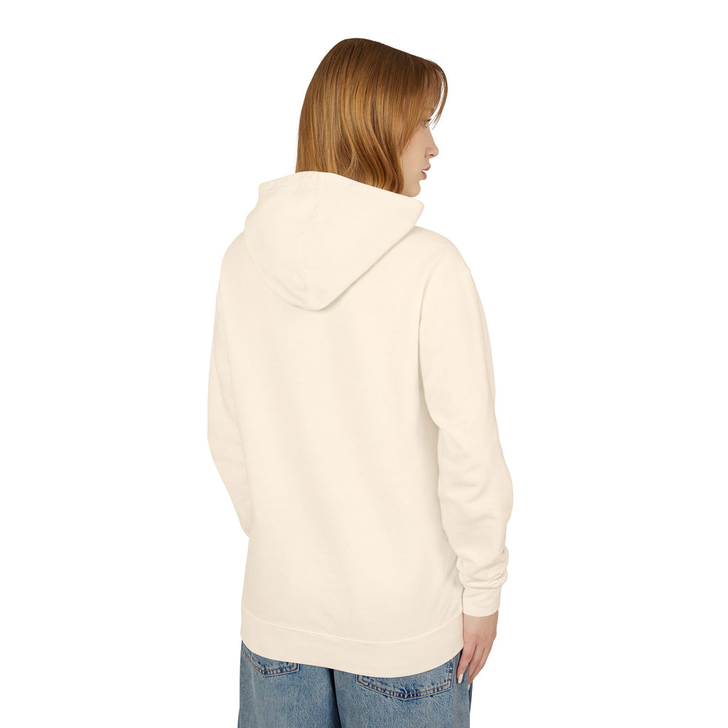 back of woman wearing a beige hoodie on a white background
