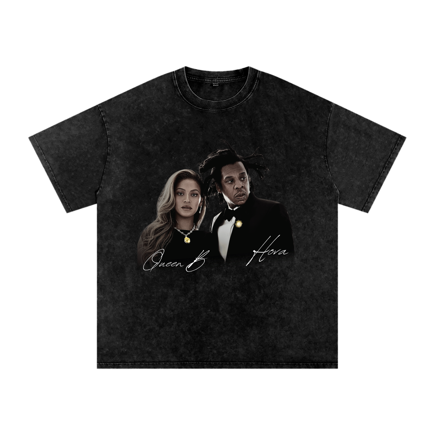 Washed-black oversized Beyoncé and Jay-Z T-shirt featuring Queen B and Hova in formal black outfits with white script.