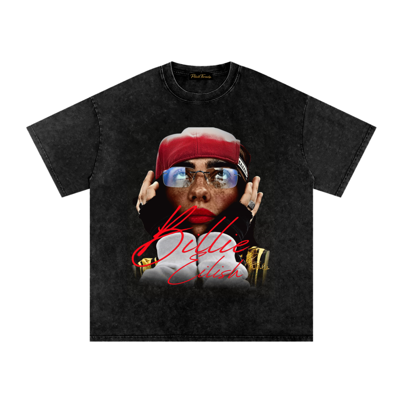 Washed-black oversized Billie Eilish T-shirt featuring a portrait with a red cap, blue-tinted glasses and red script.