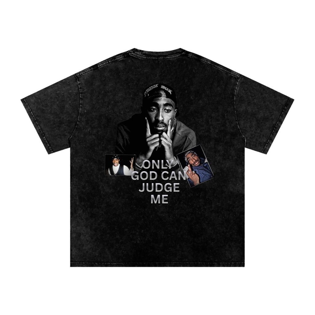 Black t-shirt with graphic design of 2pac shakur with the text only God can judge me written on it