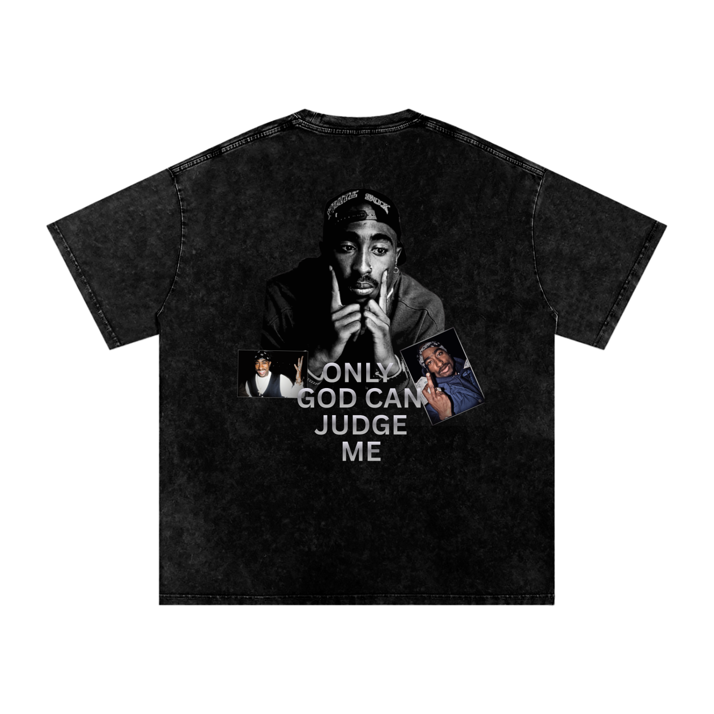 Black t-shirt with graphic design of 2pac shakur with the text only God can judge me written on it