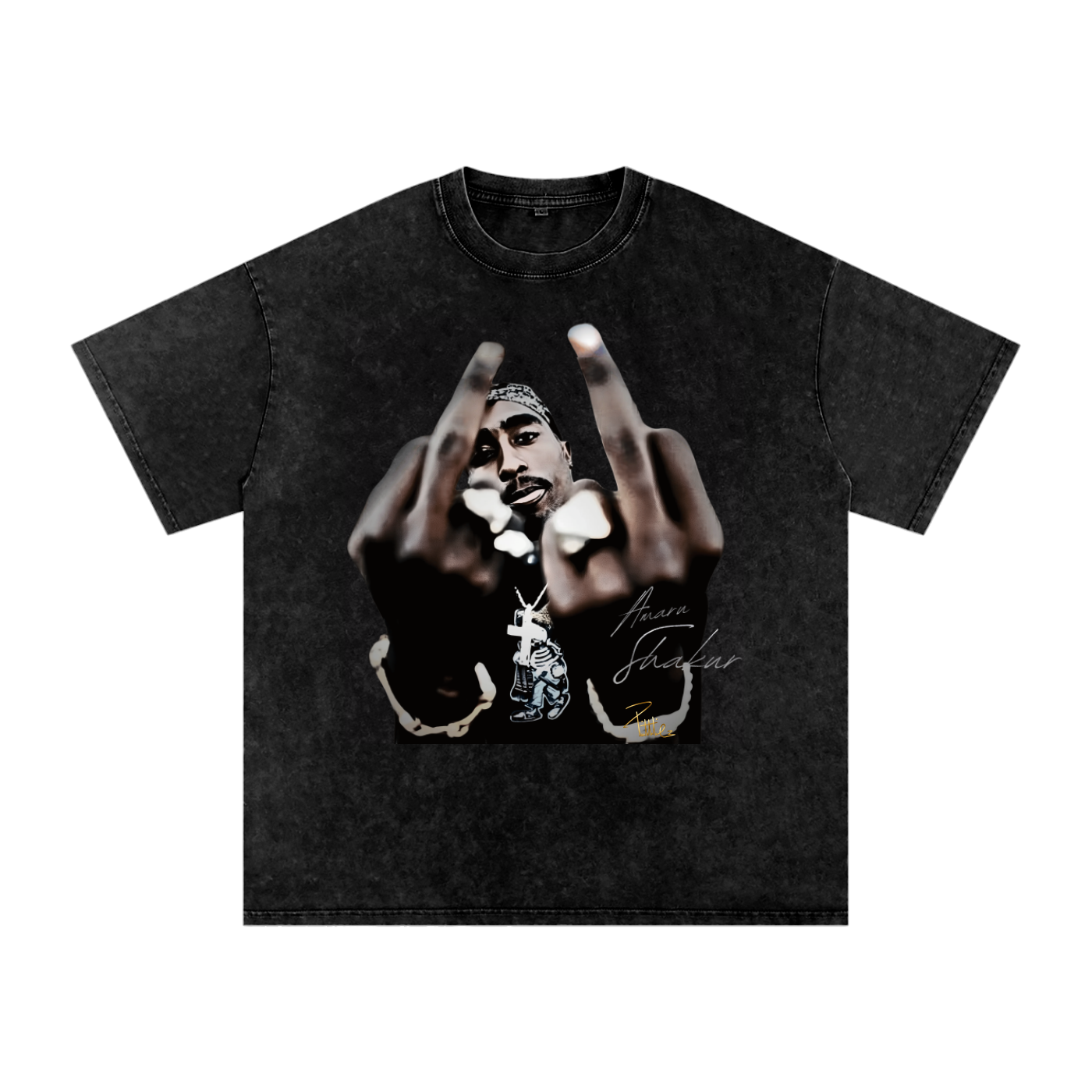 Black 2pac graphic t-shirt on a white background