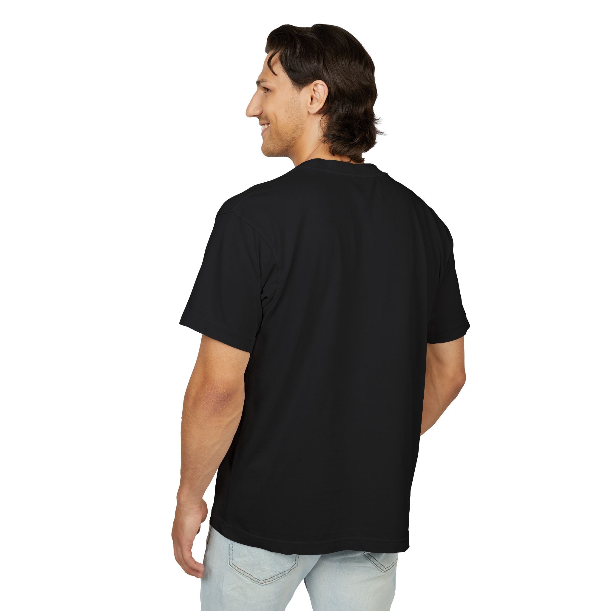 Back view of a man wearing a plain black t-shirt with no graphic or text design.