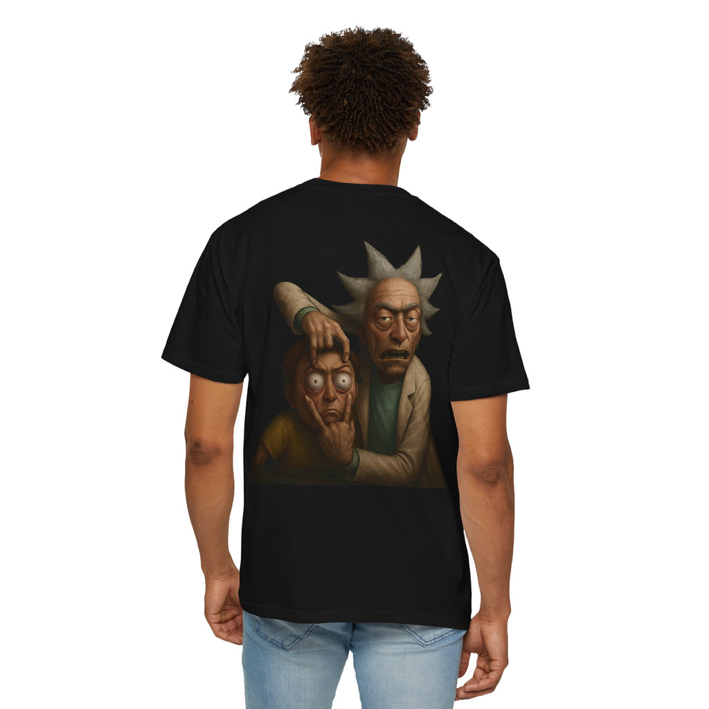 back of man wearing a black t-shirt with rick & morty graphic on the back