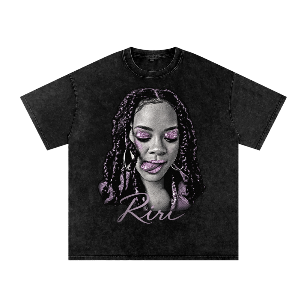 Black snow-washed oversized graphic T-shirt featuring a black-and-white Rihanna portrait with purple braids, makeup accents and scripted Riri lettering.