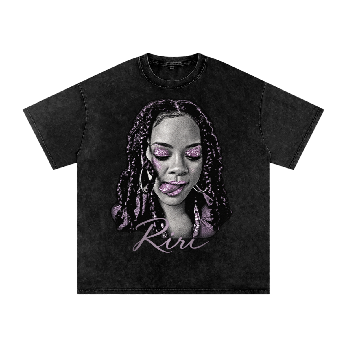 Black snow-washed oversized graphic T-shirt featuring a black-and-white Rihanna portrait with purple braids, makeup accents and scripted Riri lettering.