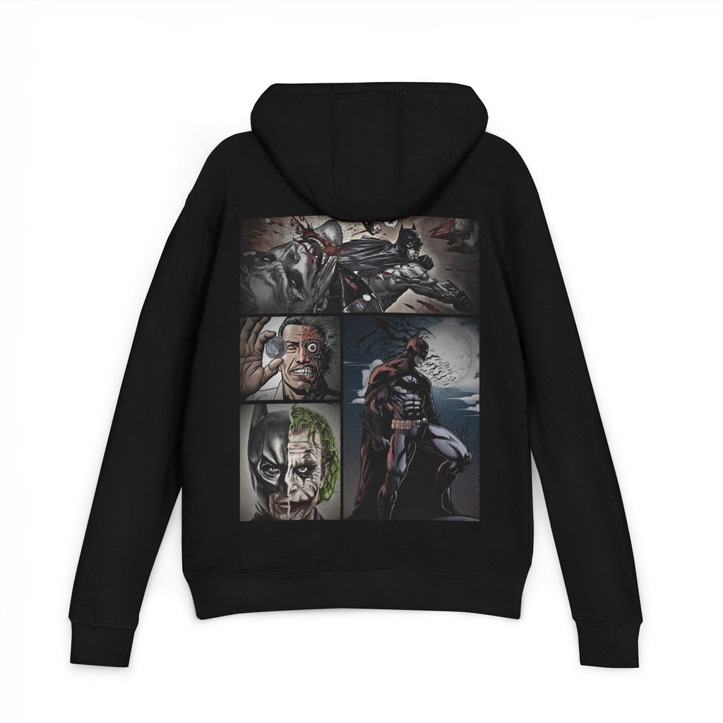 Black hoodie with batman superhero-themed designs on the back against a white background