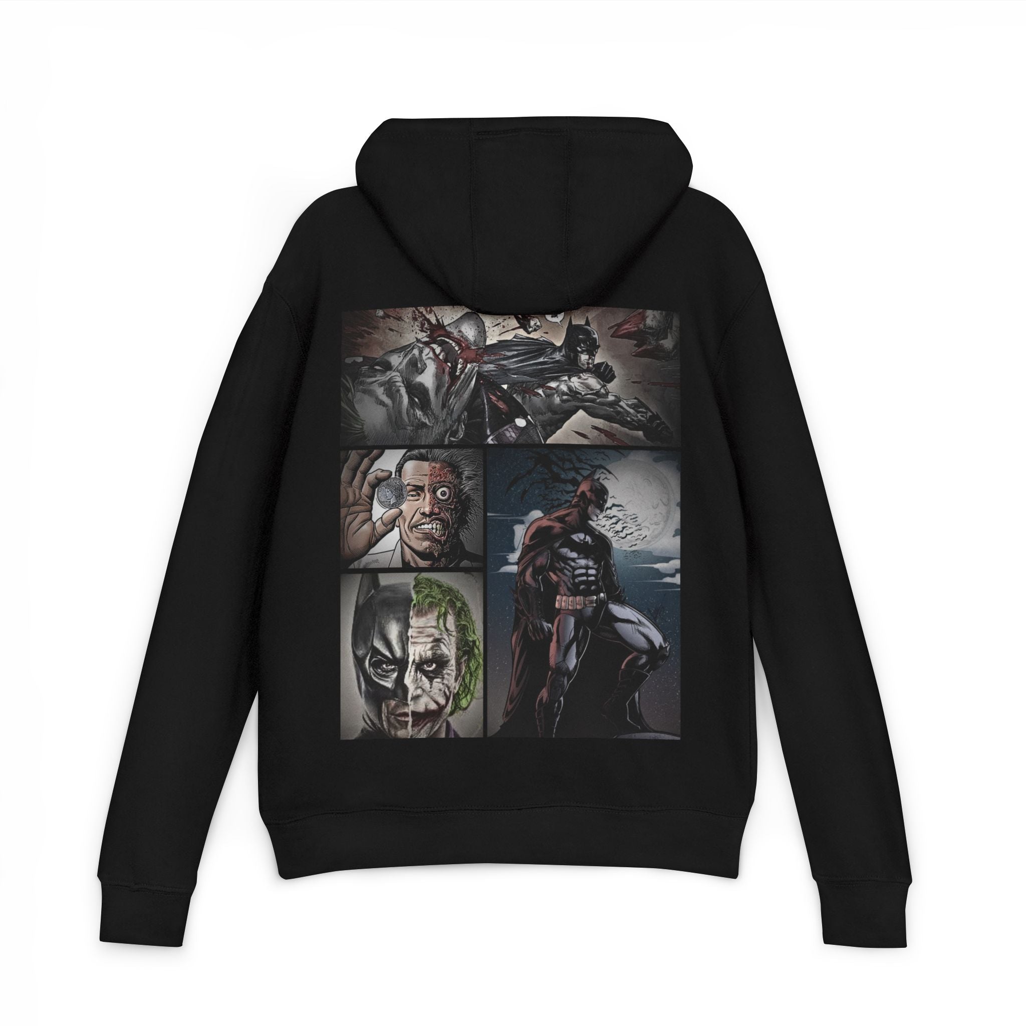 Black hoodie with batman superhero-themed designs on the back against a white background