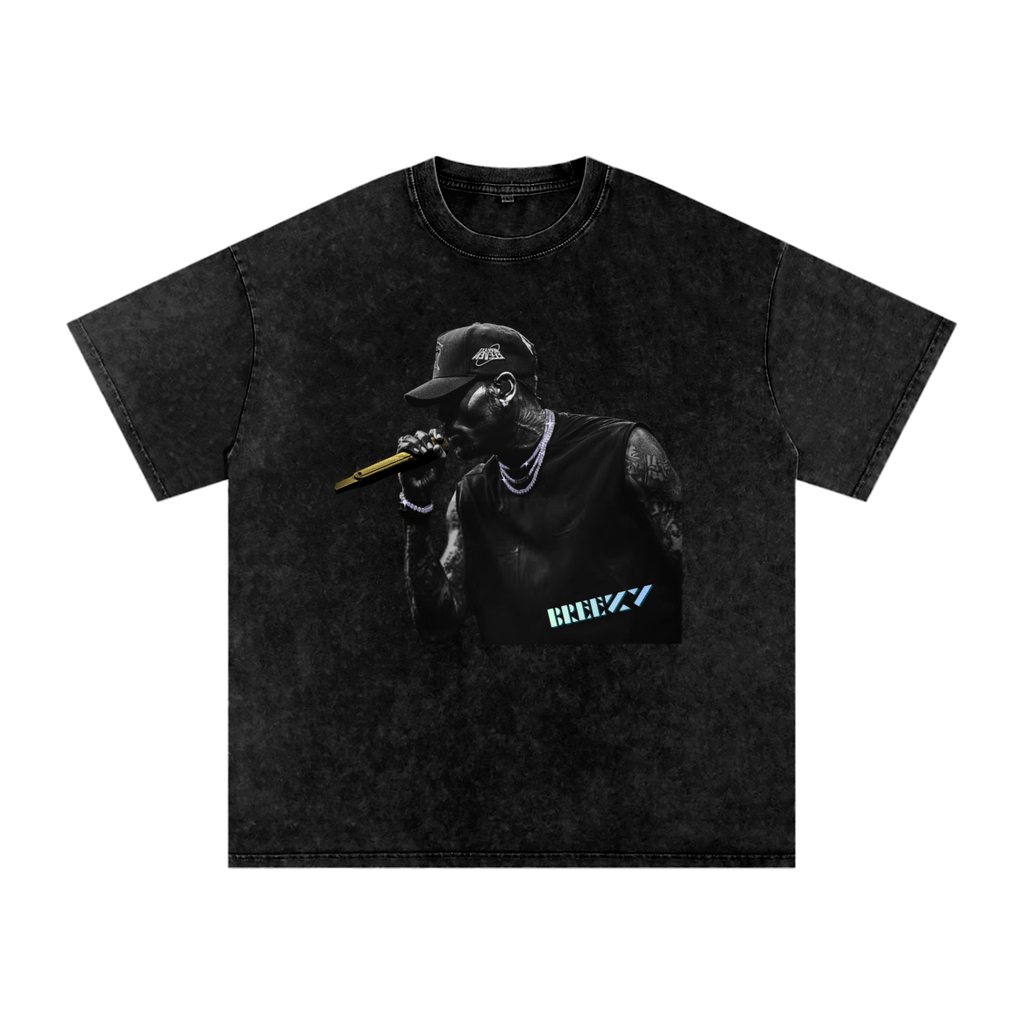 Black t-shirt with graphic of a chris brown performing in a concert