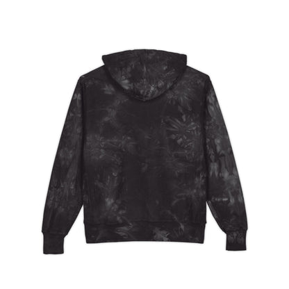 Black tie-dye hoodie with bold coffee design on chest, shown on relaxed female model back