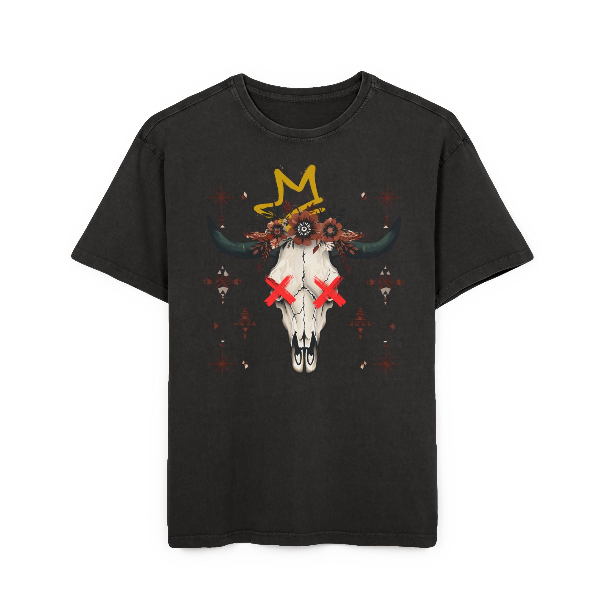 Black t-shirt with a graphic design of a cow skull and floral headband on a white background
