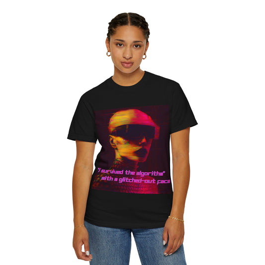 Woman wearing a black t-shirt with a glitchy neon portrait and bold pink text reading “I survived the algorithm.”