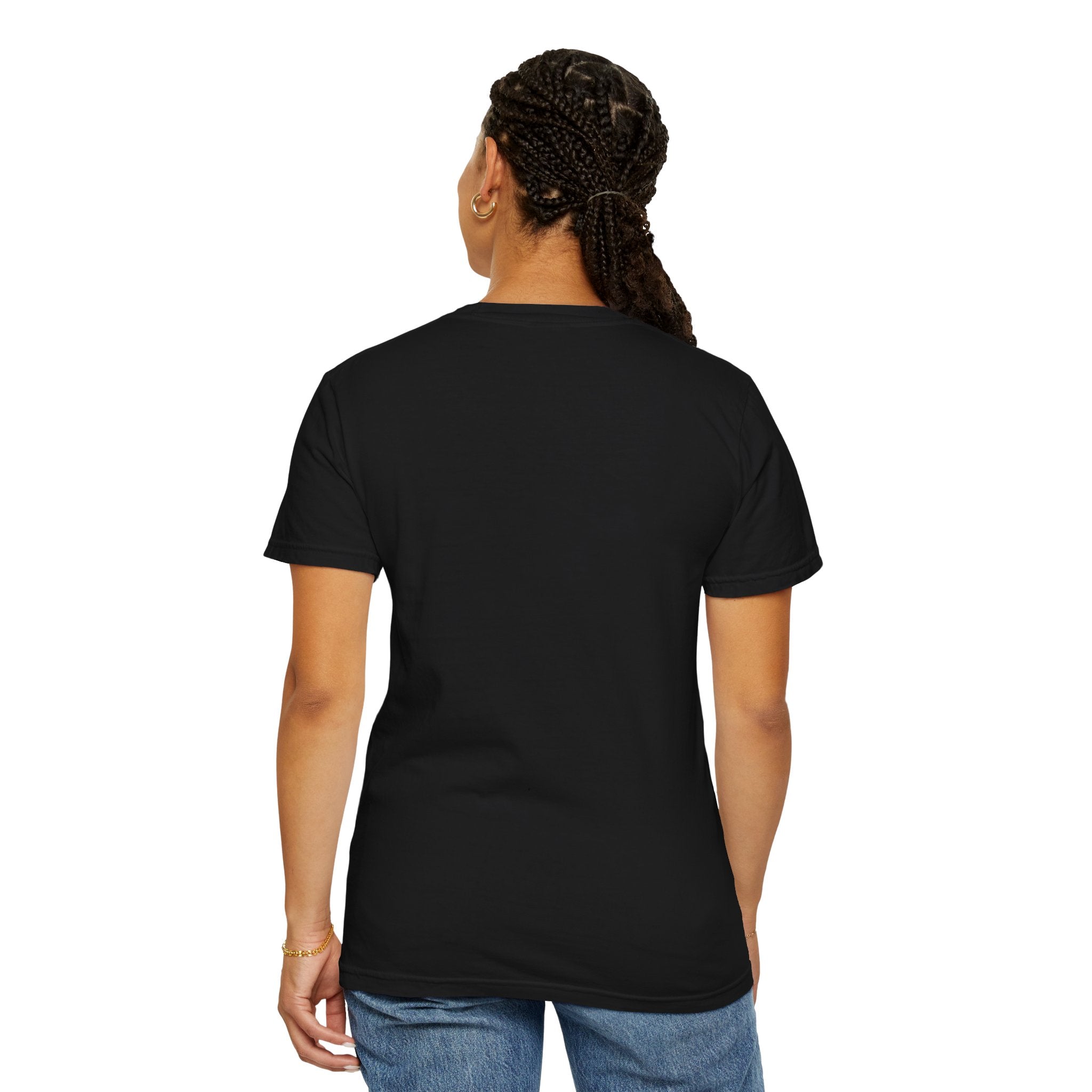 Woman in black t-shirt facing away, showcasing back fit and casual streetwear