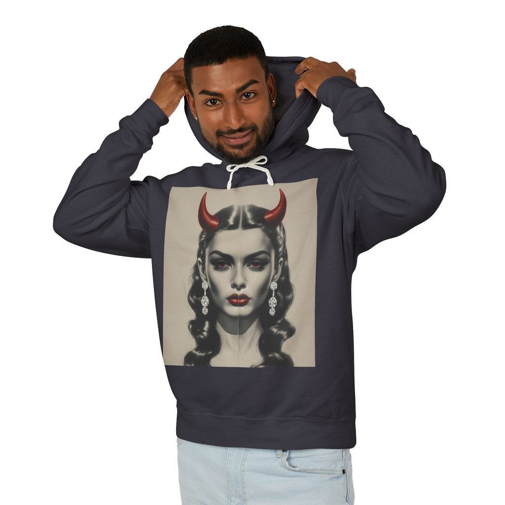 man wearing a hoodie with a graphic design of a woman with horns on a beige background.